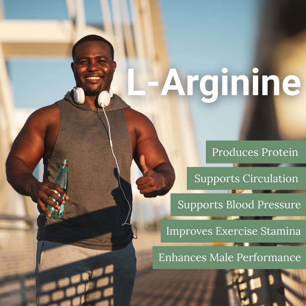 Man smiling while holding a water bottle and wearing headphones, with the text ‘L-Arginine’ and a list of statements displayed beside him.