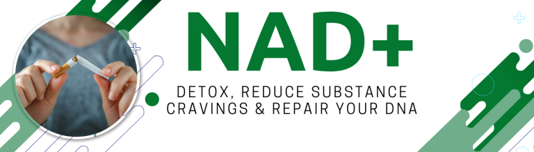 Graphic showing a person breaking a cigarette in half on the left, with the text ‘NAD+’ in large green letters on the right alongside abstract green design elements