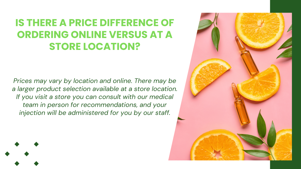 Graphic with text explaining price differences between ordering online and in-store at The B-12 Store, alongside an image of orange slices, vitamin ampoules, and green leaves arranged on a pink background.