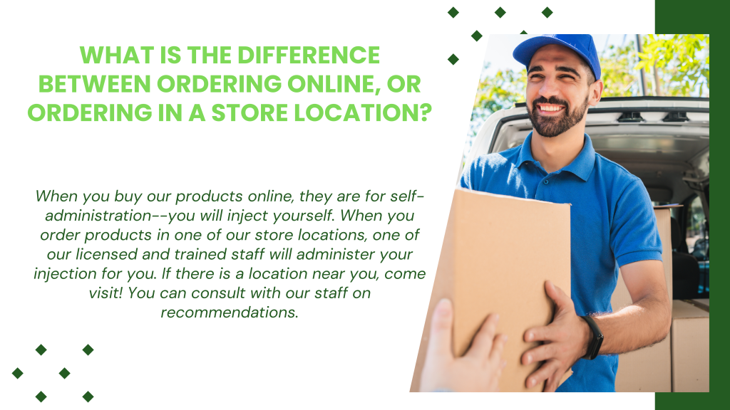 Smiling delivery driver wearing a blue polo shirt and hat hands a package to a customer beside an open delivery van, illustrating the convenience of ordering wellness products online or picking them up in-store.