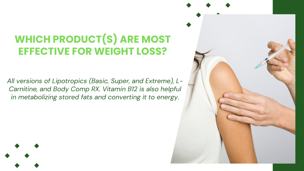 Person receiving a vitamin injection in their upper arm while another hand administers the shot; accompanying text explains which B-12 and lipotropic products may support weight loss.