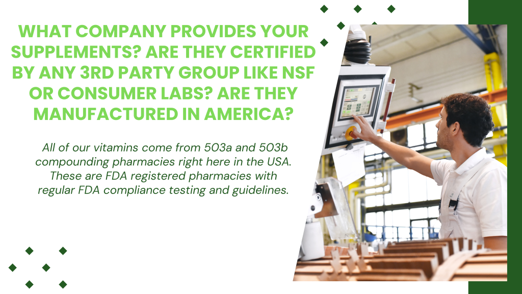 A pharmacist or technician standing in a manufacturing facility presses buttons on a touchscreen control panel near shelves of supplement bottles, representing FDA-regulated compounding pharmacies in the United States.
