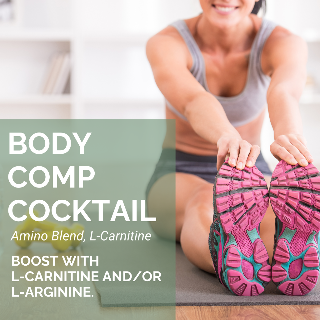 Woman stretching forward on a yoga mat, holding her pink running shoes, with text on the left side that reads ‘Body Comp Cocktail, Amino Blend, L-Carnitine.