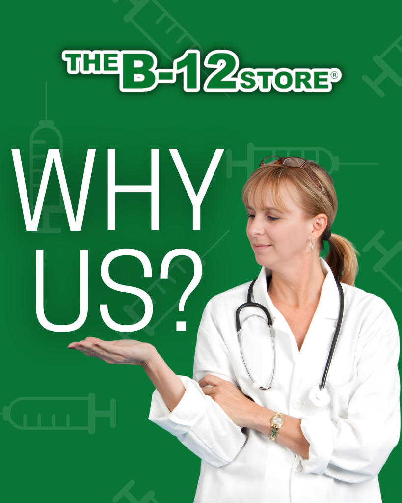 Medical professional presenting the message ‘Why Us?’ for The B-12 Store.