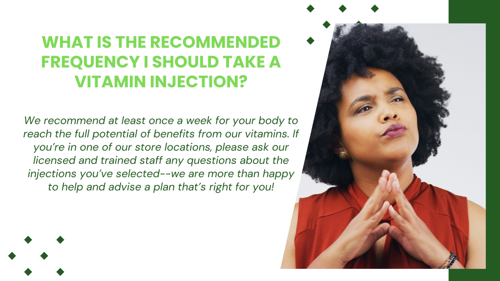 A woman with curly hair wearing an orange shirt stands with her hands clasped near her chin, looking upward thoughtfully. The graphic includes text about the recommended frequency for taking a vitamin injection.