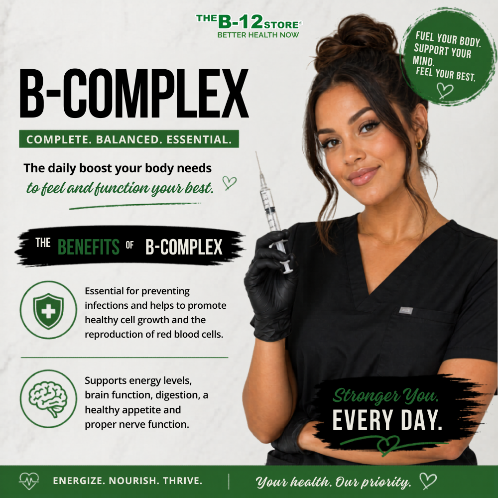 The B-12 Store B-Complex injection graphic highlighting support for energy, brain function, digestion, nerve function and red blood cell production.