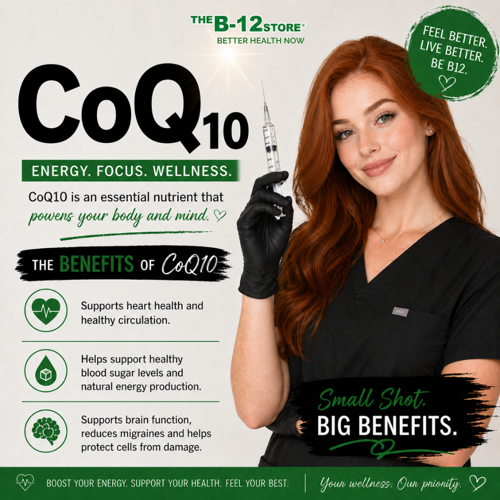 The B-12 Store CoQ10 injection graphic highlighting support for cellular energy, heart health, circulation, brain function and antioxidant protection.