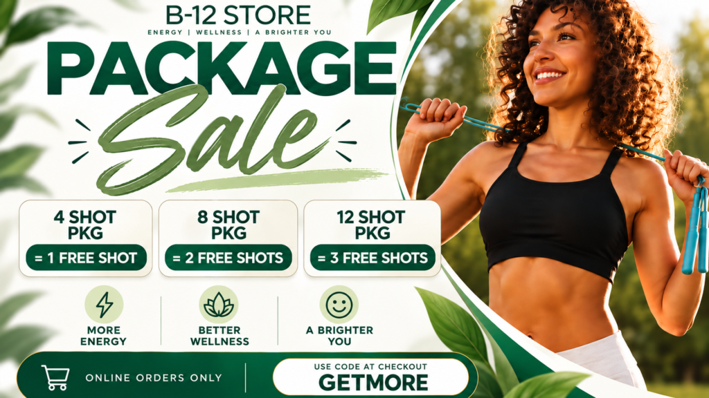 package sale, 1 free shot with 4 shot package, 2 free shot with 8 shot package, 3 free shot with 12 shot package. Online orders only. Use code GETMORE at checkout